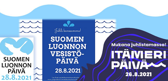 Kolme logoa: Suomen luonnon päivä, Vesistöpäivä ja Itämeripäivä.